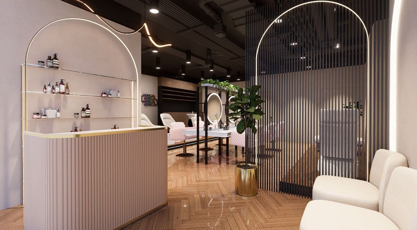 Chic interior of Nisantasi Ladies Salon LLC, Dubai, AE showcasing modern decor and plush seating.