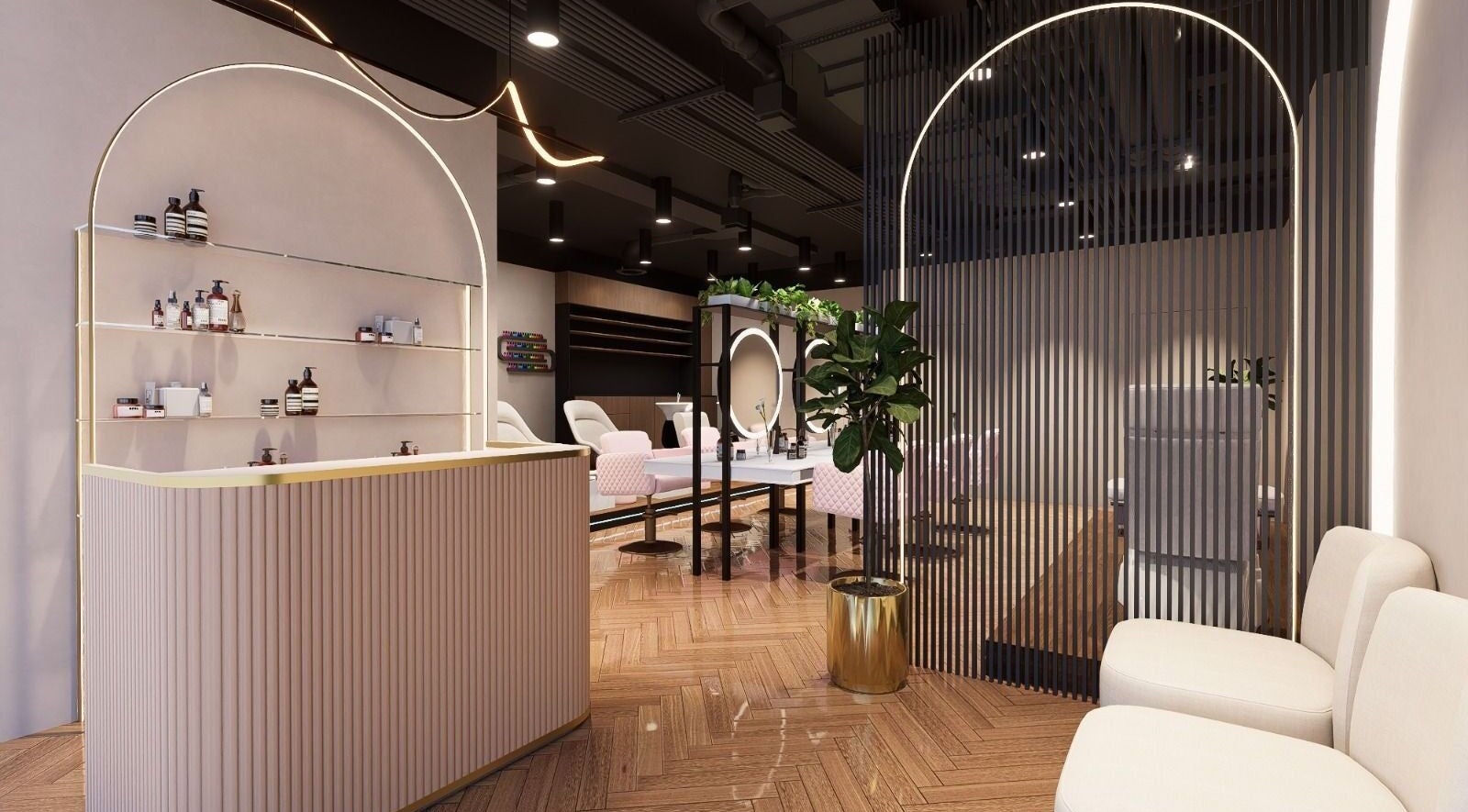 Chic interior of Nisantasi Ladies Salon LLC, Dubai, AE showcasing modern decor and plush seating.