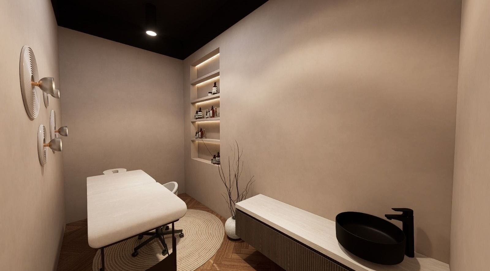 Elegant treatment room at Nisantasi Ladies Salon LLC, Dubai, AE with beige decor and modern fixtures.