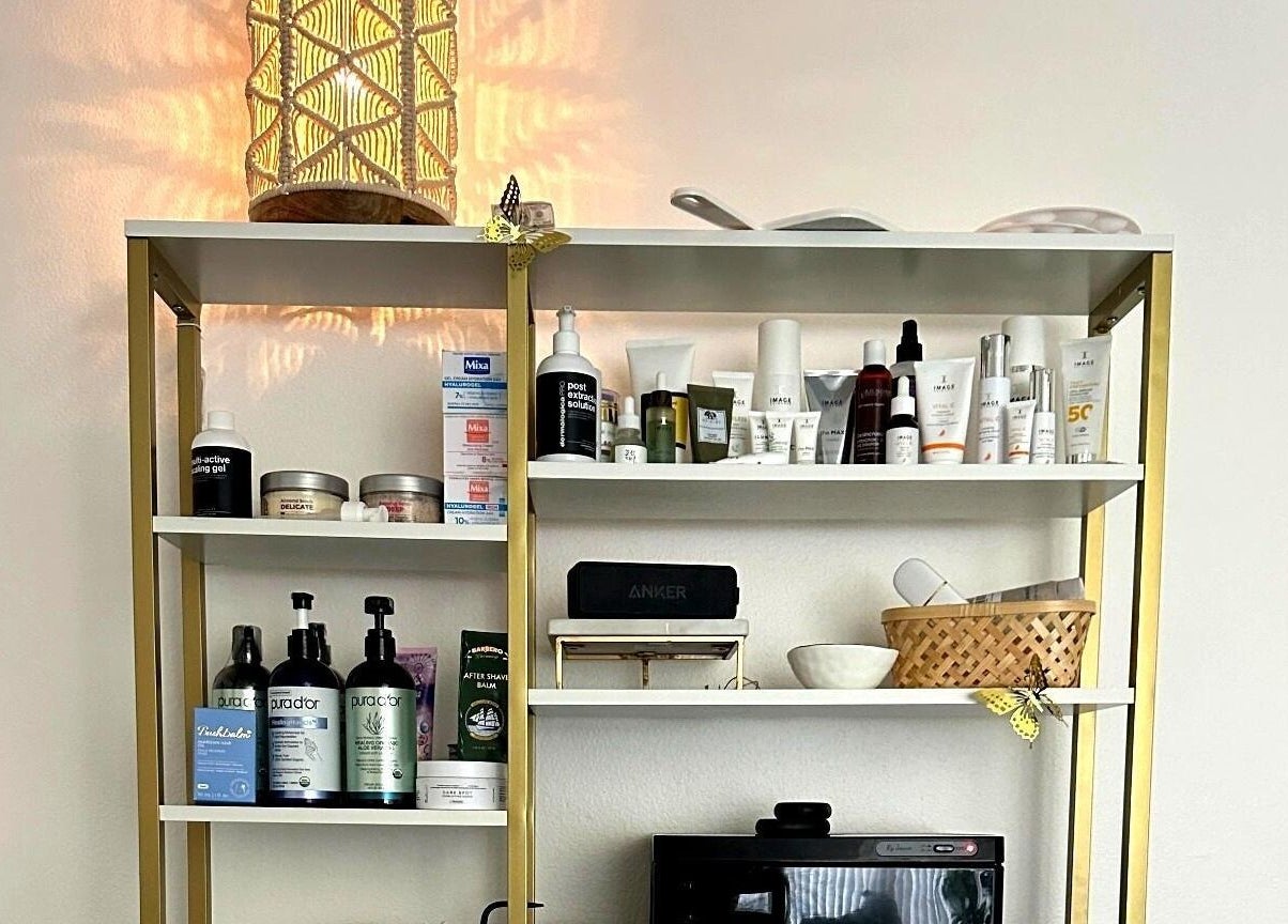Shelf with beauty products at Lash & Glow by Oana, Newport Beach, California, US.