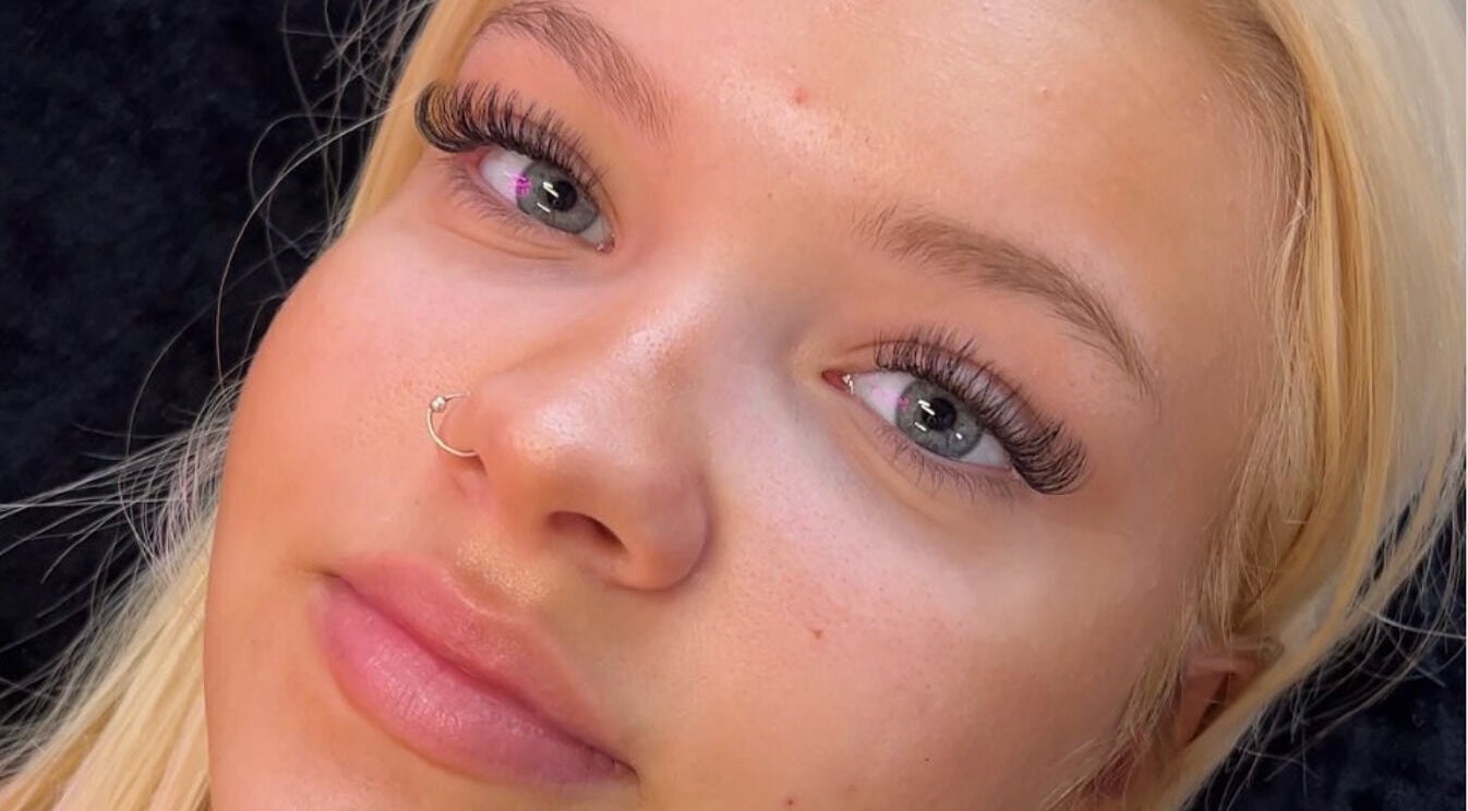 Close-up of elegant eyelash extensions at Butterfly Effect, Manchester, England, GB.