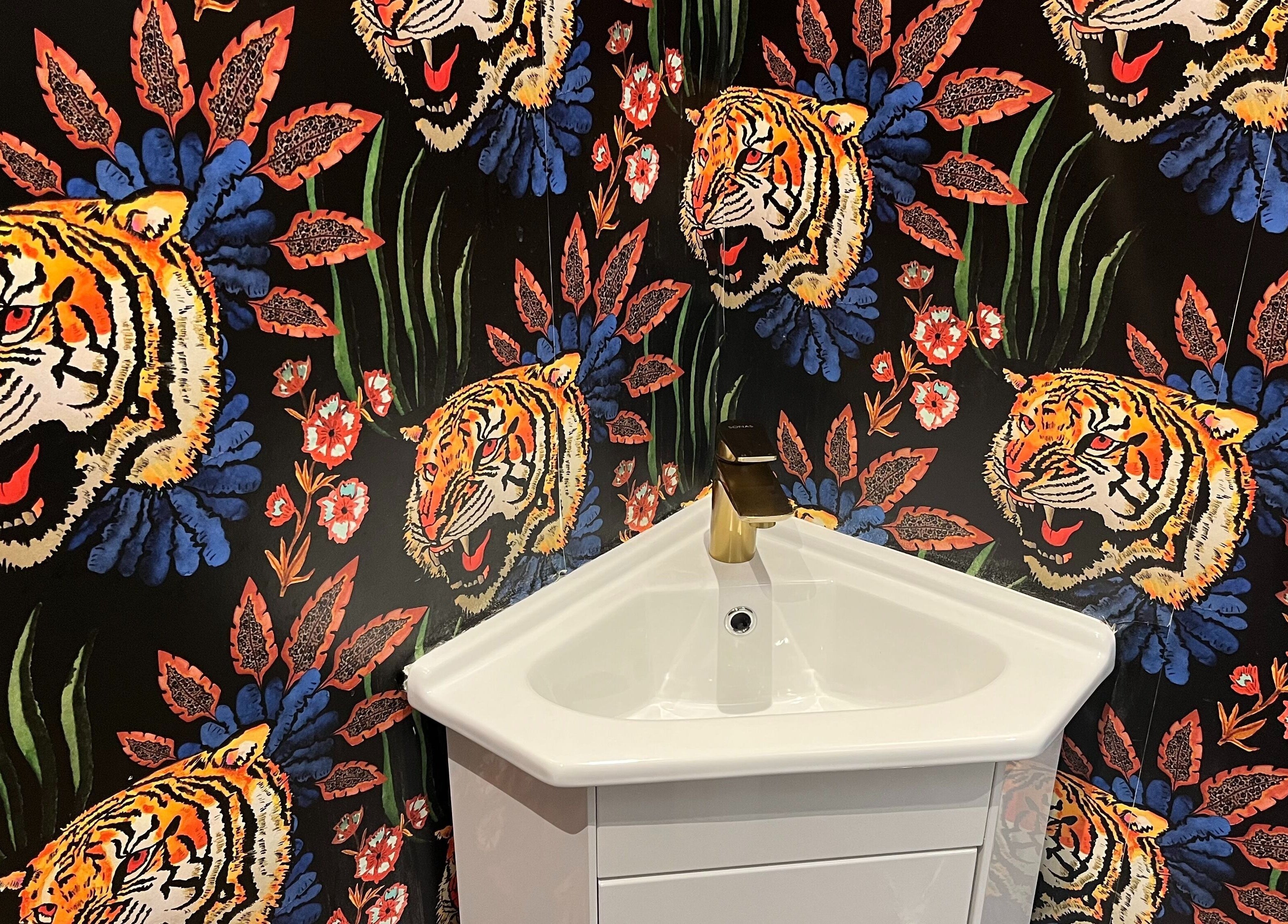 Vibrant tiger-themed wall at No.72 The Gallery, Dublin, County Dublin, IE, enhancing a chic washbasin space.