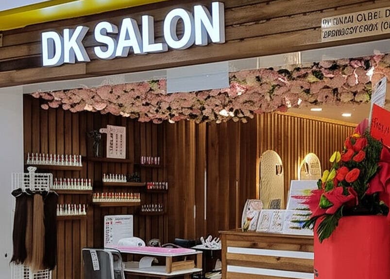 Chic wood-accented DK Salon entrance with floral decor in Kuala Lumpur, Wilayah Persekutuan Kuala Lumpur, MY.