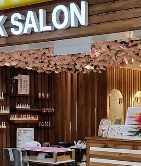 Chic wood-accented DK Salon entrance with floral decor in Kuala Lumpur, Wilayah Persekutuan Kuala Lumpur, MY.