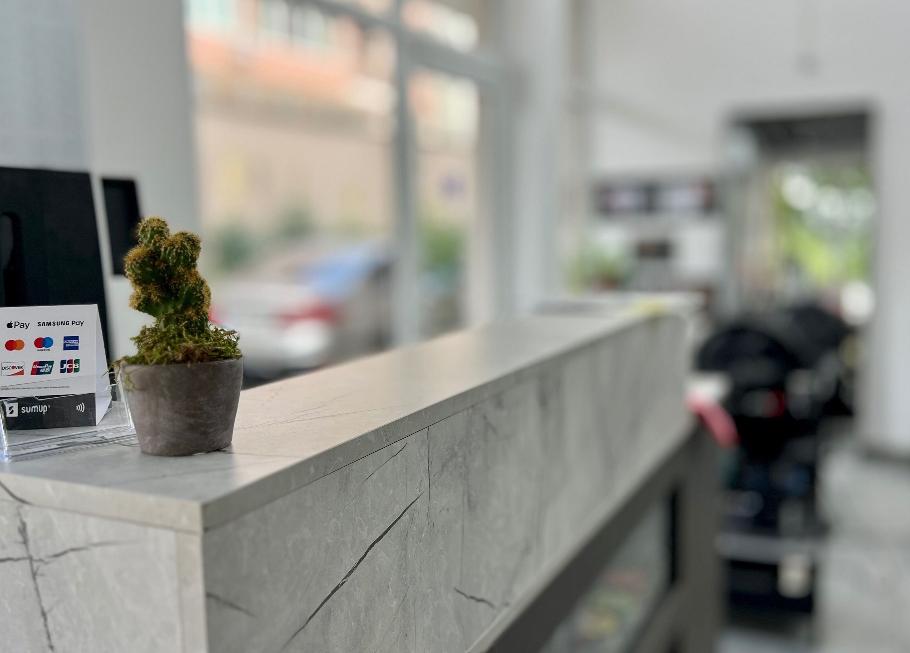 Рецепция на DIVO barberstudio в Бургас, Бургас, BG с модерни детайли и кактус.