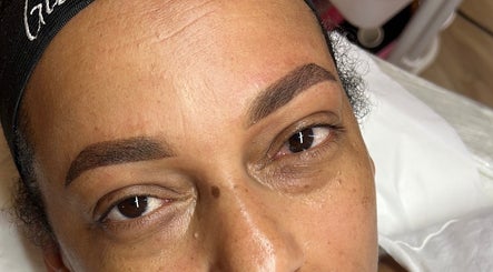 Close-up of woman with shaped brows at Glamar Brows Studio, London, England, GB.