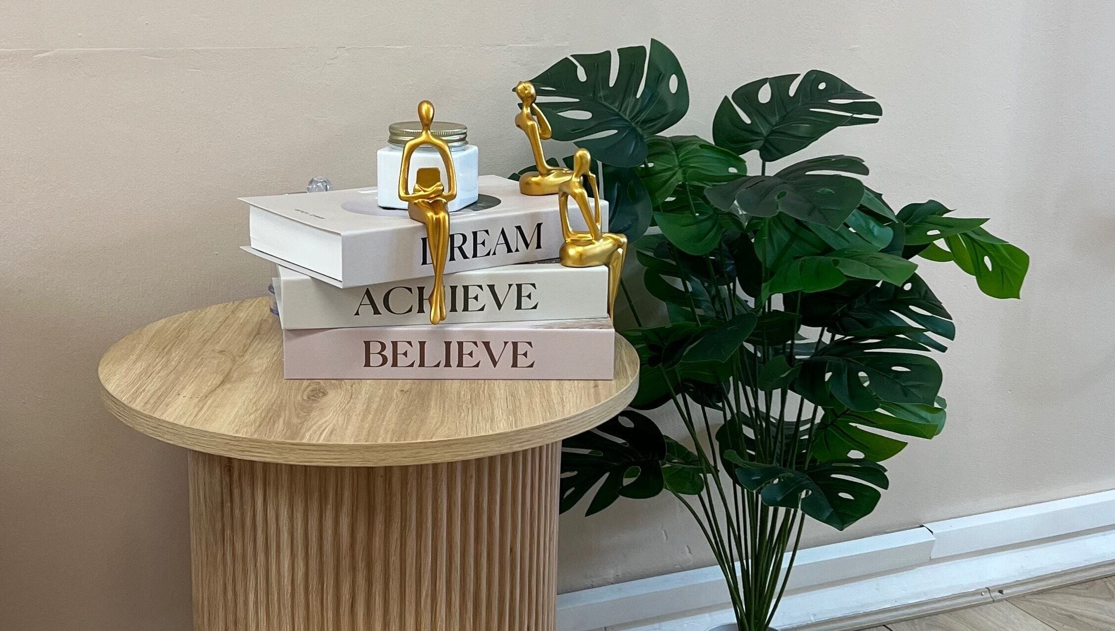 Sophisticated decor at Glamar brows studio, London, England with books and plants creating a serene atmosphere.