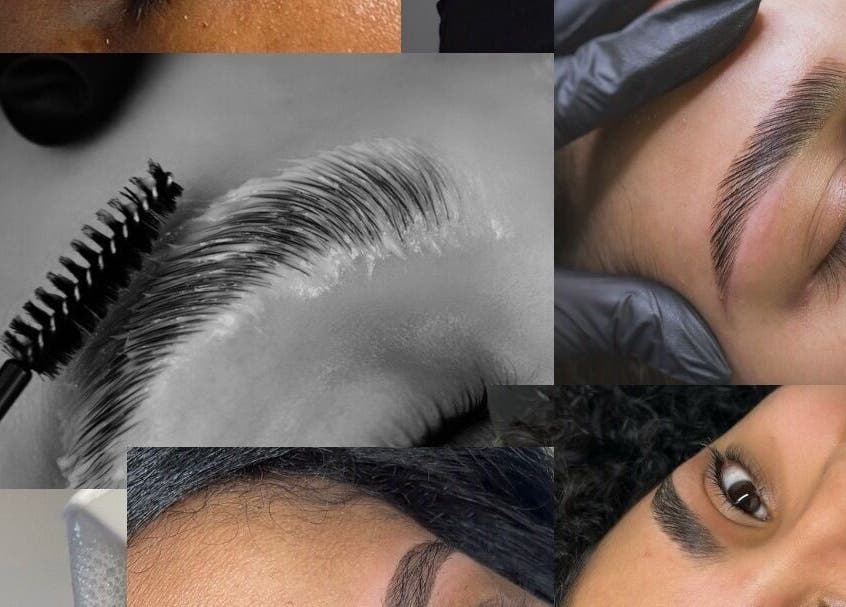 Close-up of expertly shaped brows at Glamar brows studio, London, England, GB. Black mascara wand applies gel.