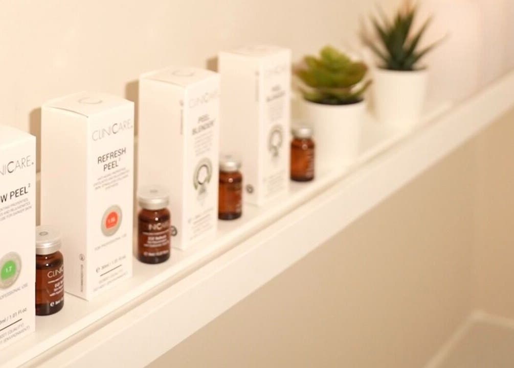 HYDRASKIN STUDIO skincare display at London, England, GB, showcasing beauty and wellness products.