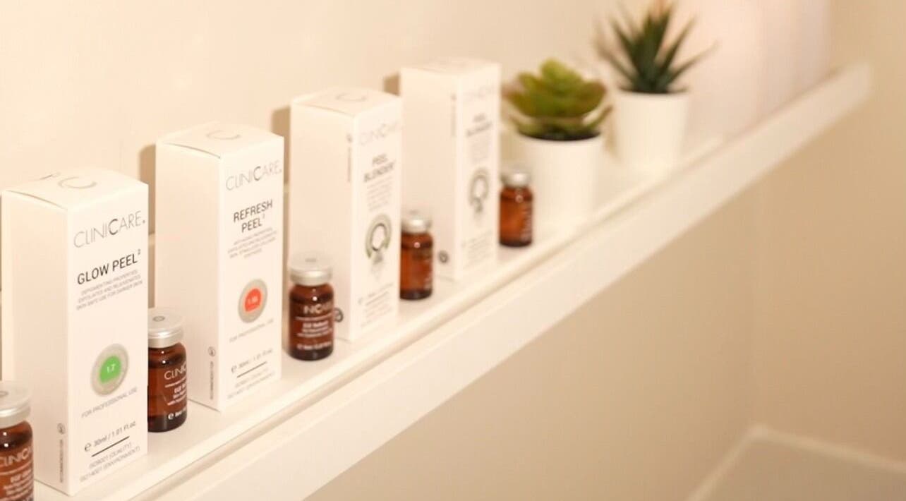 HYDRASKIN STUDIO skincare display at London, England, GB, showcasing beauty and wellness products.