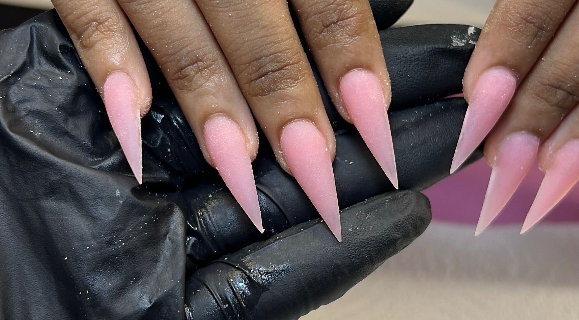 Elegant pink stiletto nails at Marissa Halle Nails, San Fernando, Princes Town Regional Corporation, TT.
