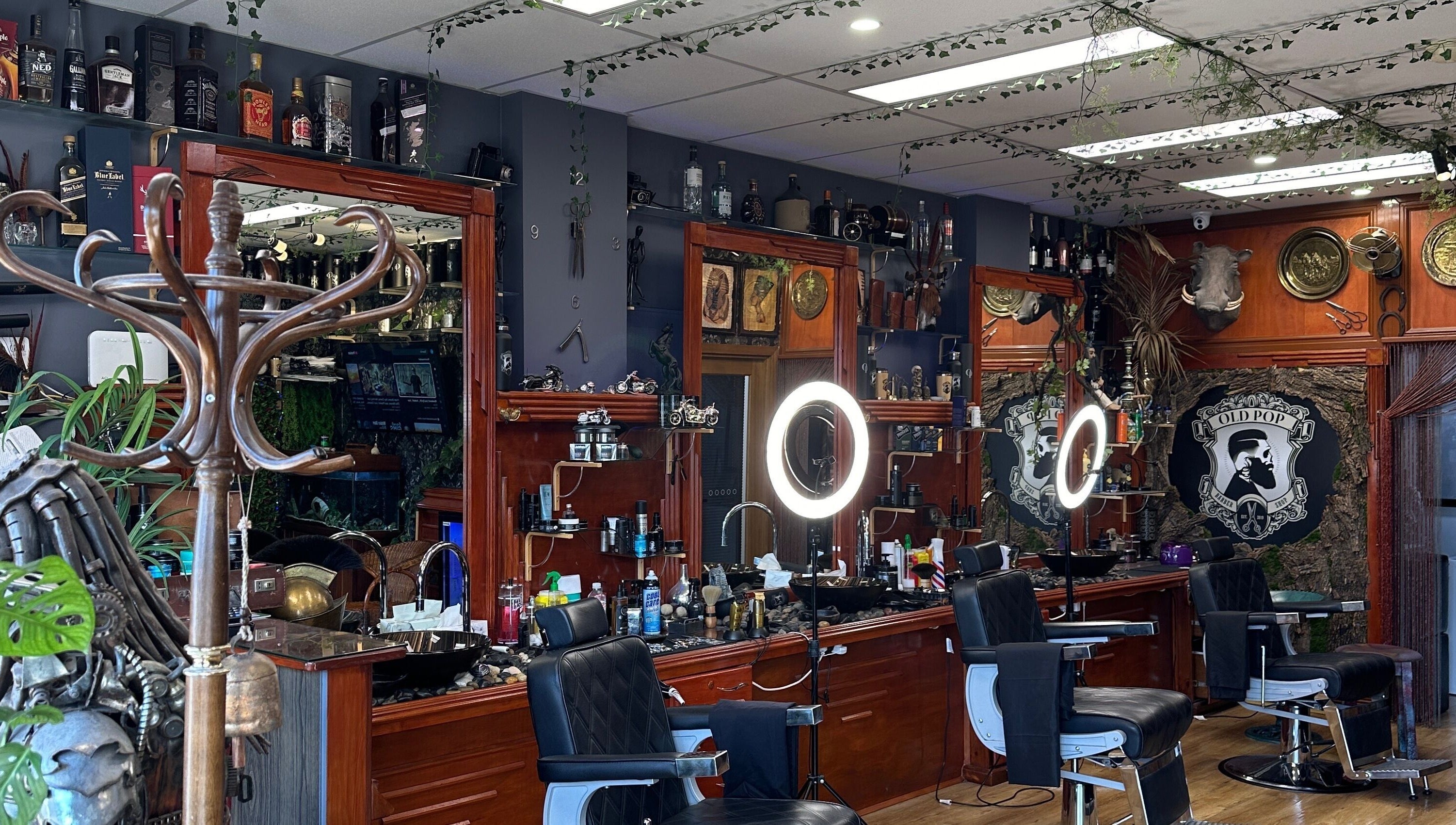 Interior of Oldpop featuring vintage-style barber chairs and decor, Bayswater, Western Australia, AU.