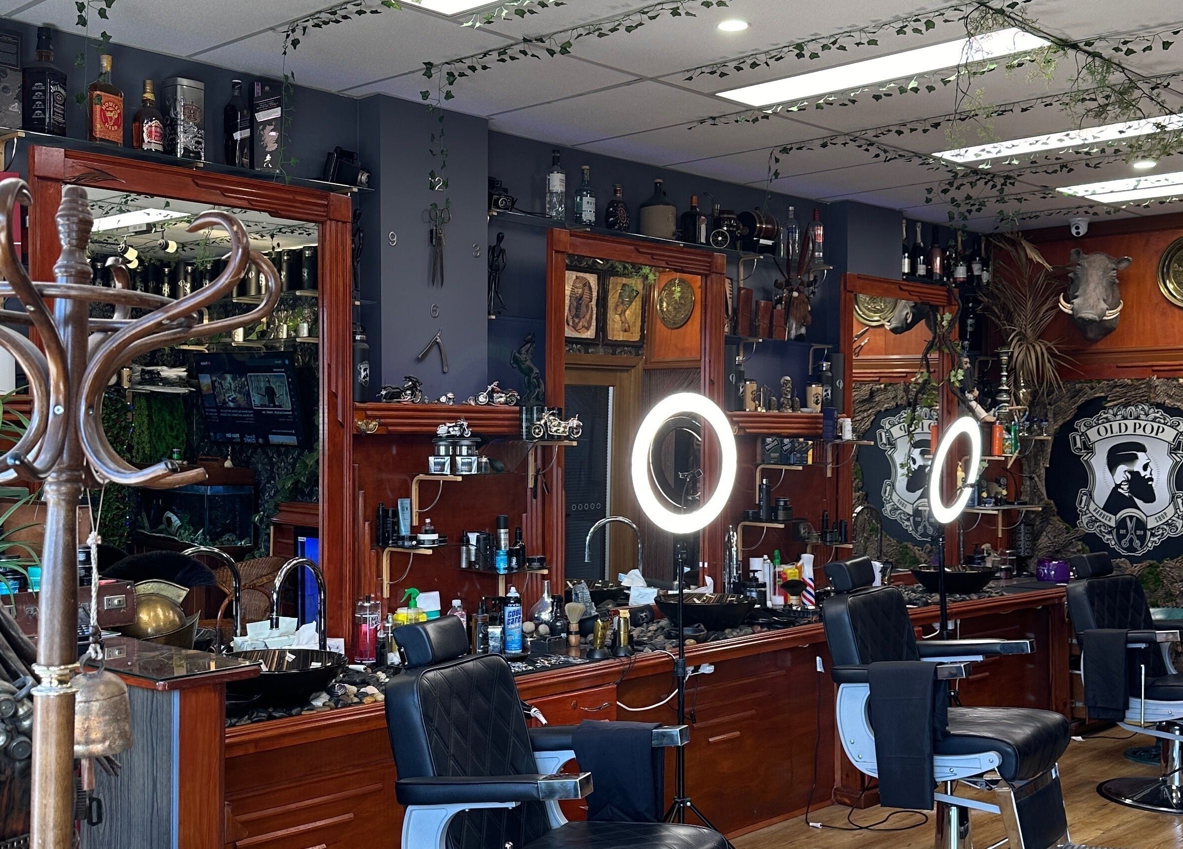 Interior of Oldpop featuring vintage-style barber chairs and decor, Bayswater, Western Australia, AU.