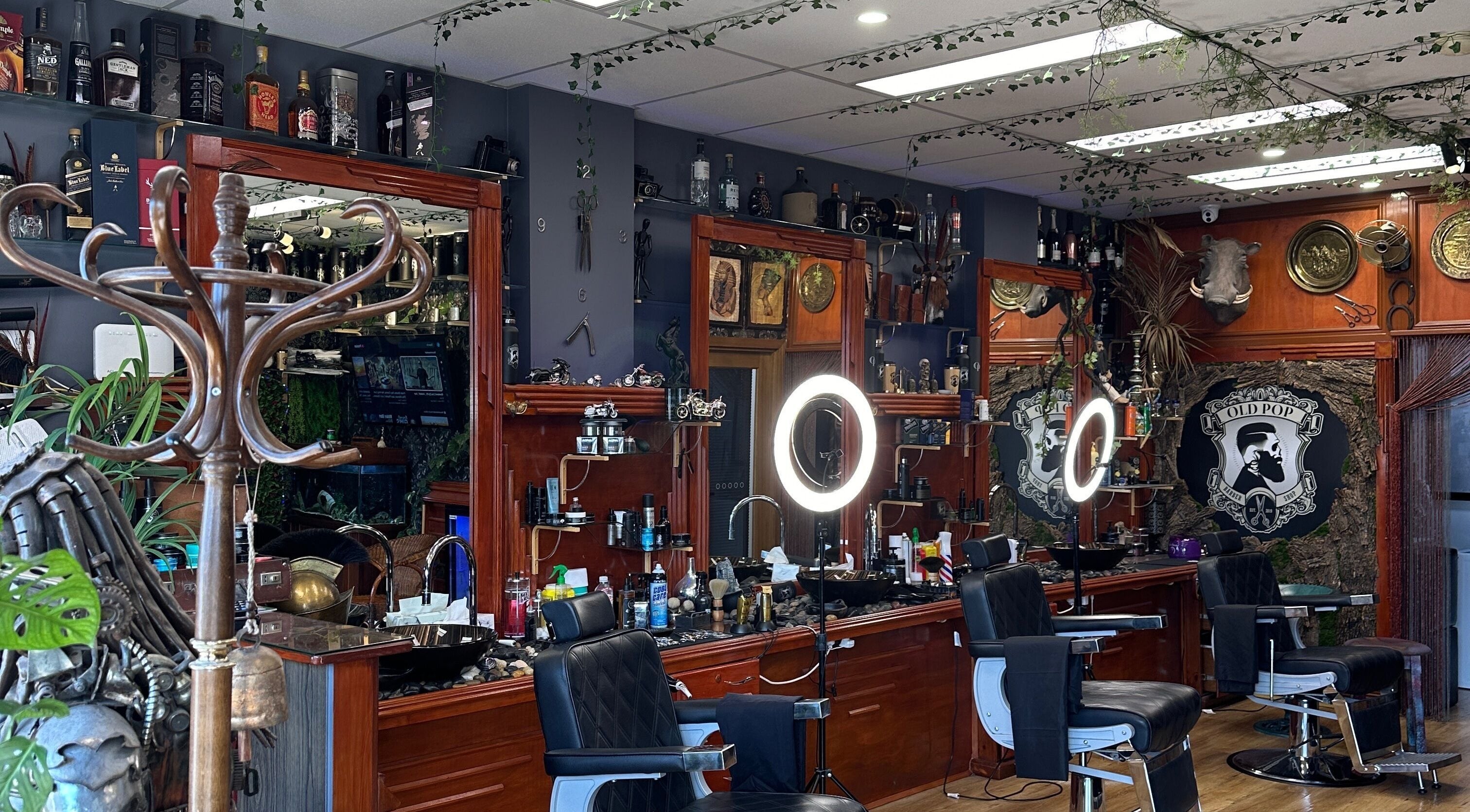 Interior of Oldpop featuring vintage-style barber chairs and decor, Bayswater, Western Australia, AU.