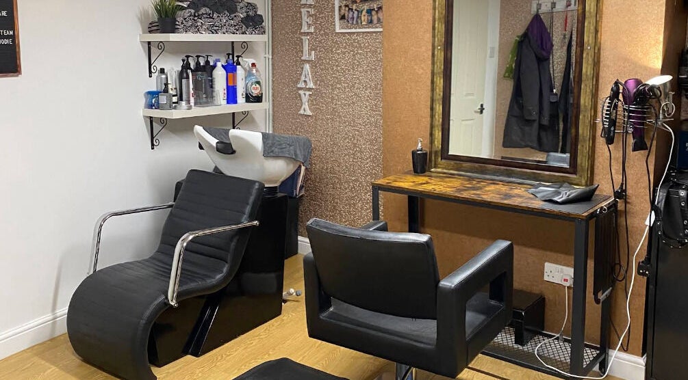 Modern salon styling area at Vibe. Hair by Sharon in Kidderminster, England, GB.