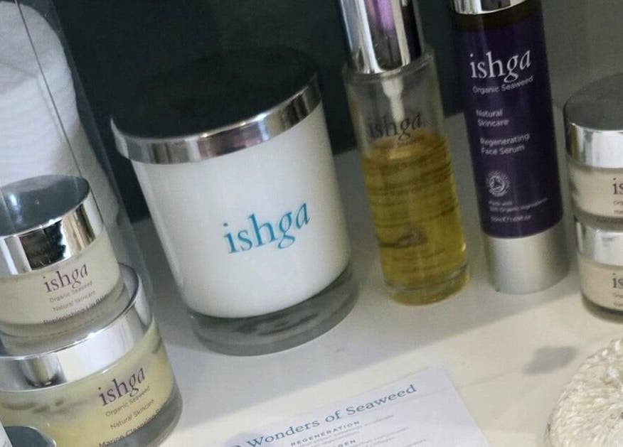 Ishga skincare products displayed at Loveli in Grangemouth, Scotland, GB, highlighting seaweed-infused beauty items.