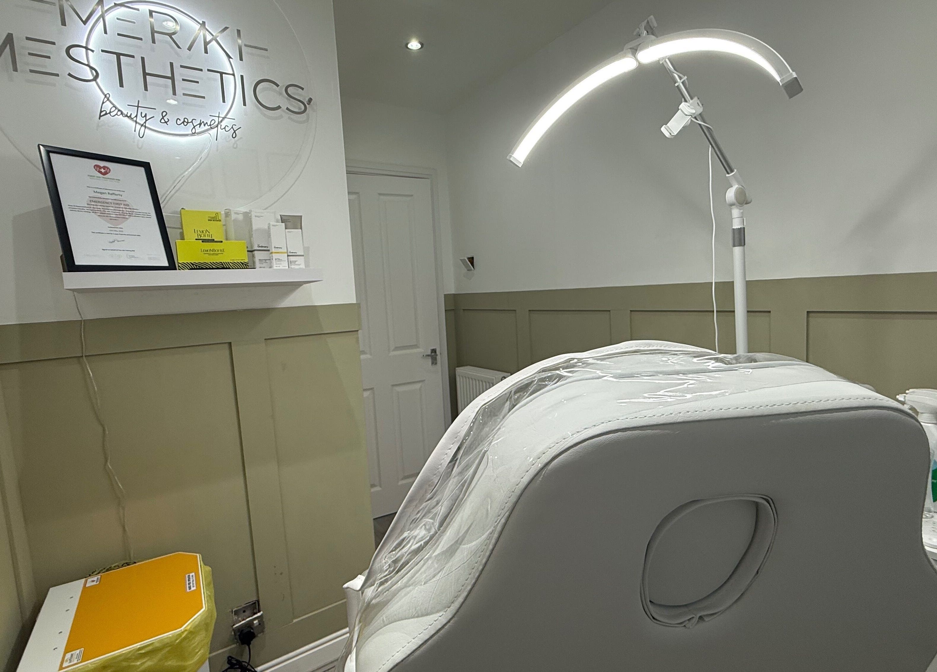 Elegant treatment room at Meraki Aesthetics, Eccles, England, GB showcasing a modern aesthetic setup.