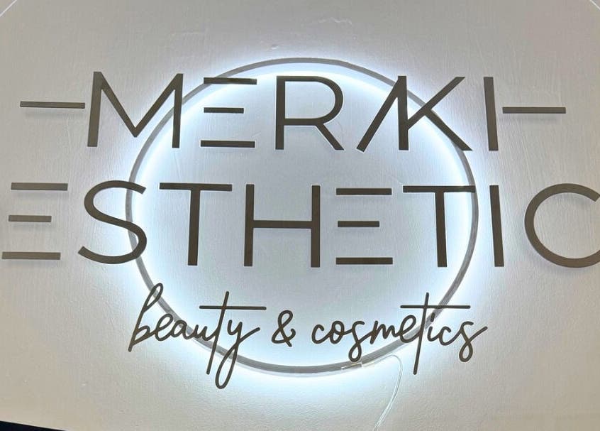 Elegant sign of Meraki Aesthetics in Eccles, England, GB highlighting beauty and cosmetics expertise.