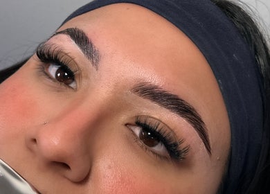 Close-up of styled brows and lashes at Claudiambeauty, South Gate, California, US.