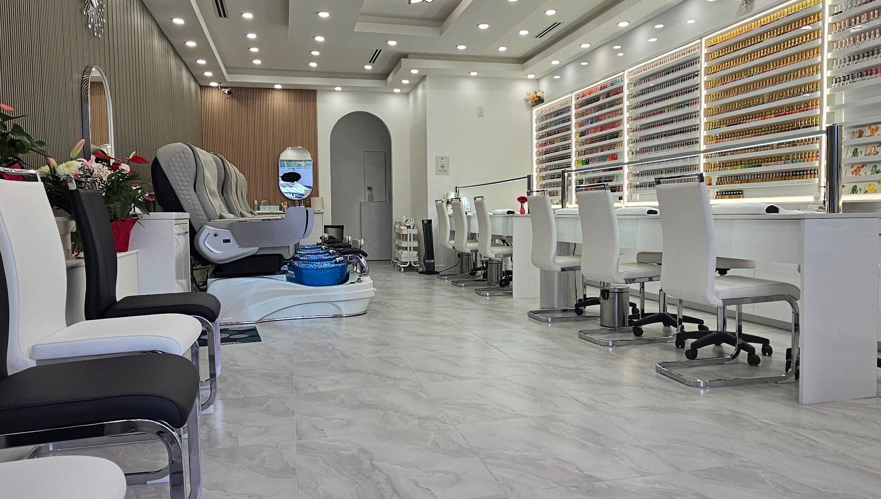 Interior of All Season Nails (Westview), a chic nail salon in Vancouver, British Columbia, CA with modern decor.