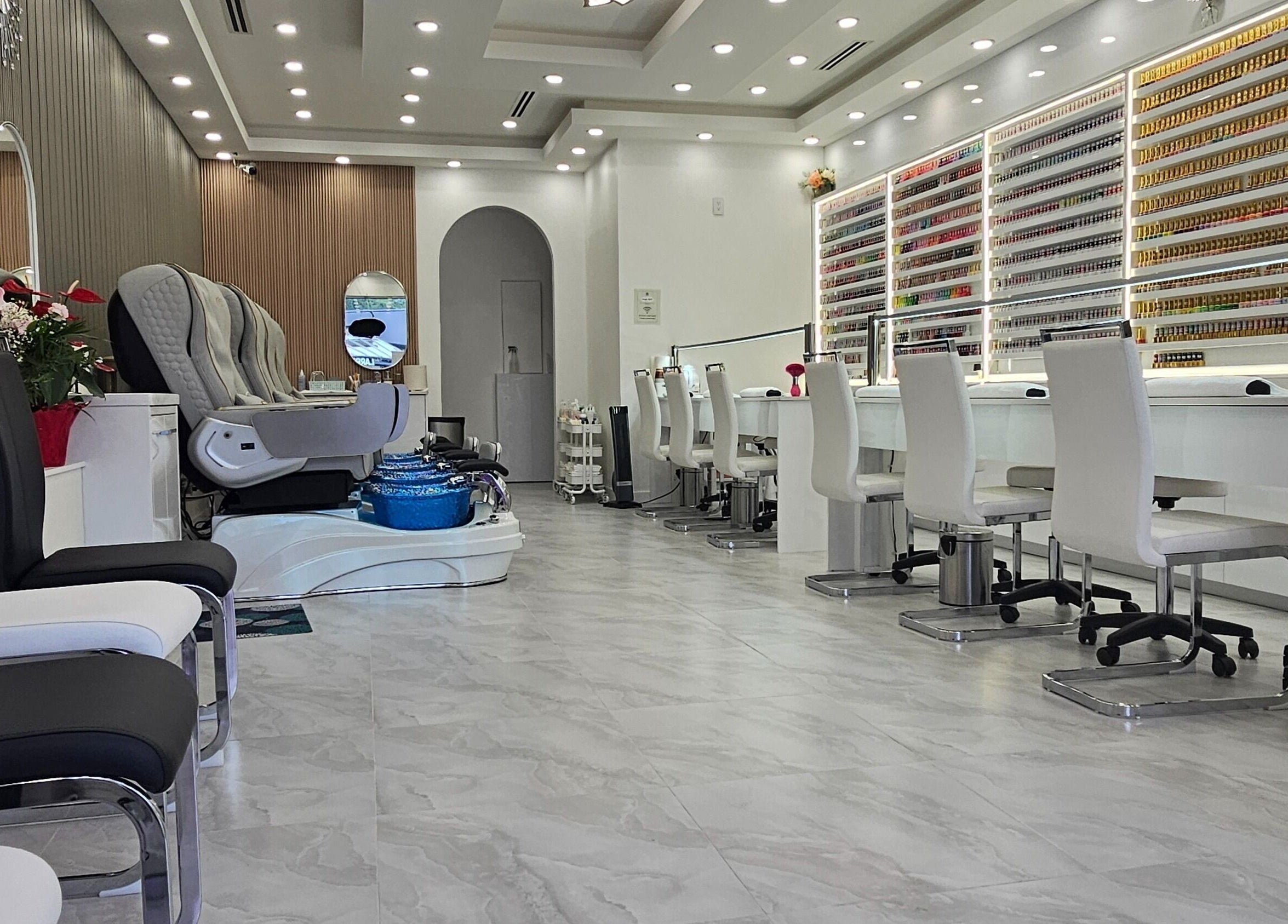 Interior of All Season Nails (Westview), a chic nail salon in Vancouver, British Columbia, CA with modern decor.