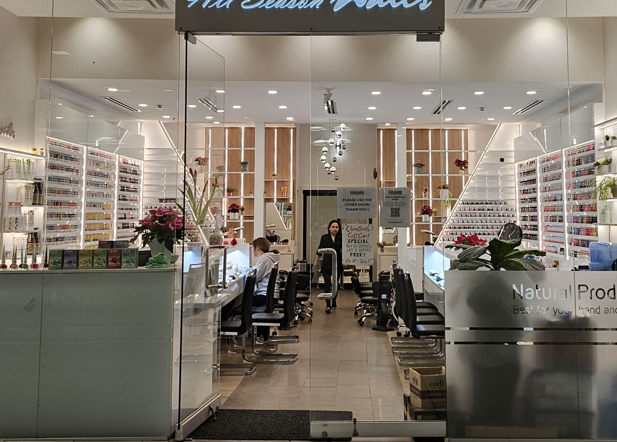 Elegant interior of All Season Nails in West Vancouver, British Columbia, CA showcasing manicure stations.