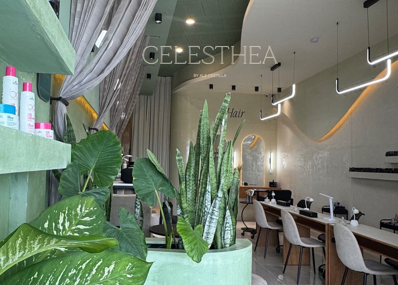 Interior de Celesthea Studio por Ale Castilla en Conkal, Yucatán, MX, con plantas exóticas y productos de belleza.