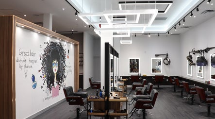 Stylish salon chairs and bright decor at Gatsby Studio Markville, Markham, Ontario, CA.