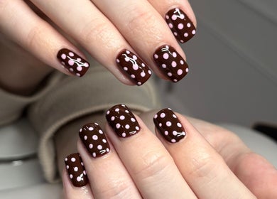 Chic brown and pink polka-dot nail art by Claudia at The Gloss Lab, Cannock, England, GB.