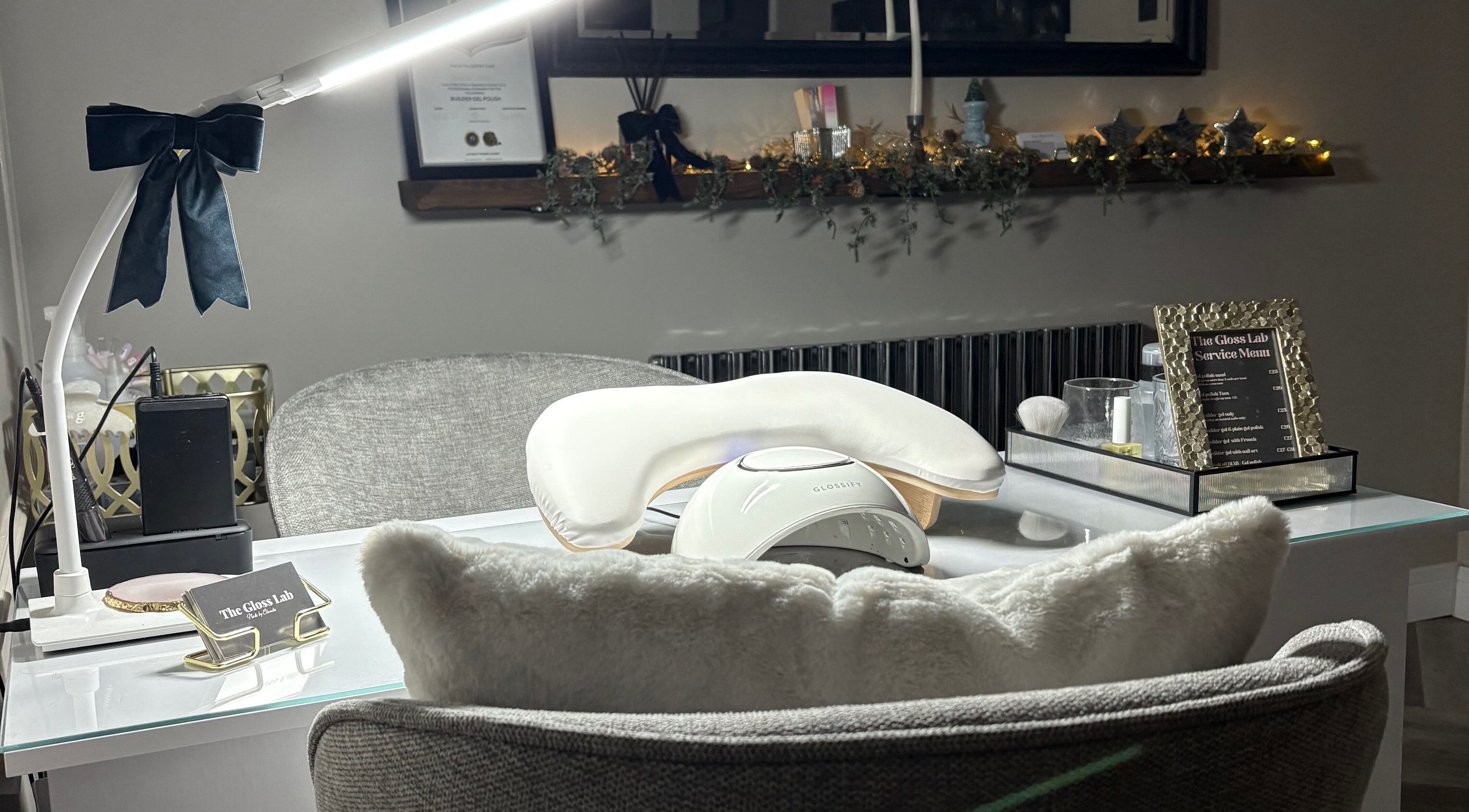 Elegant nail workstation at The Gloss Lab - nails by Claudia, Cannock, England, GB, with a cozy ambiance.