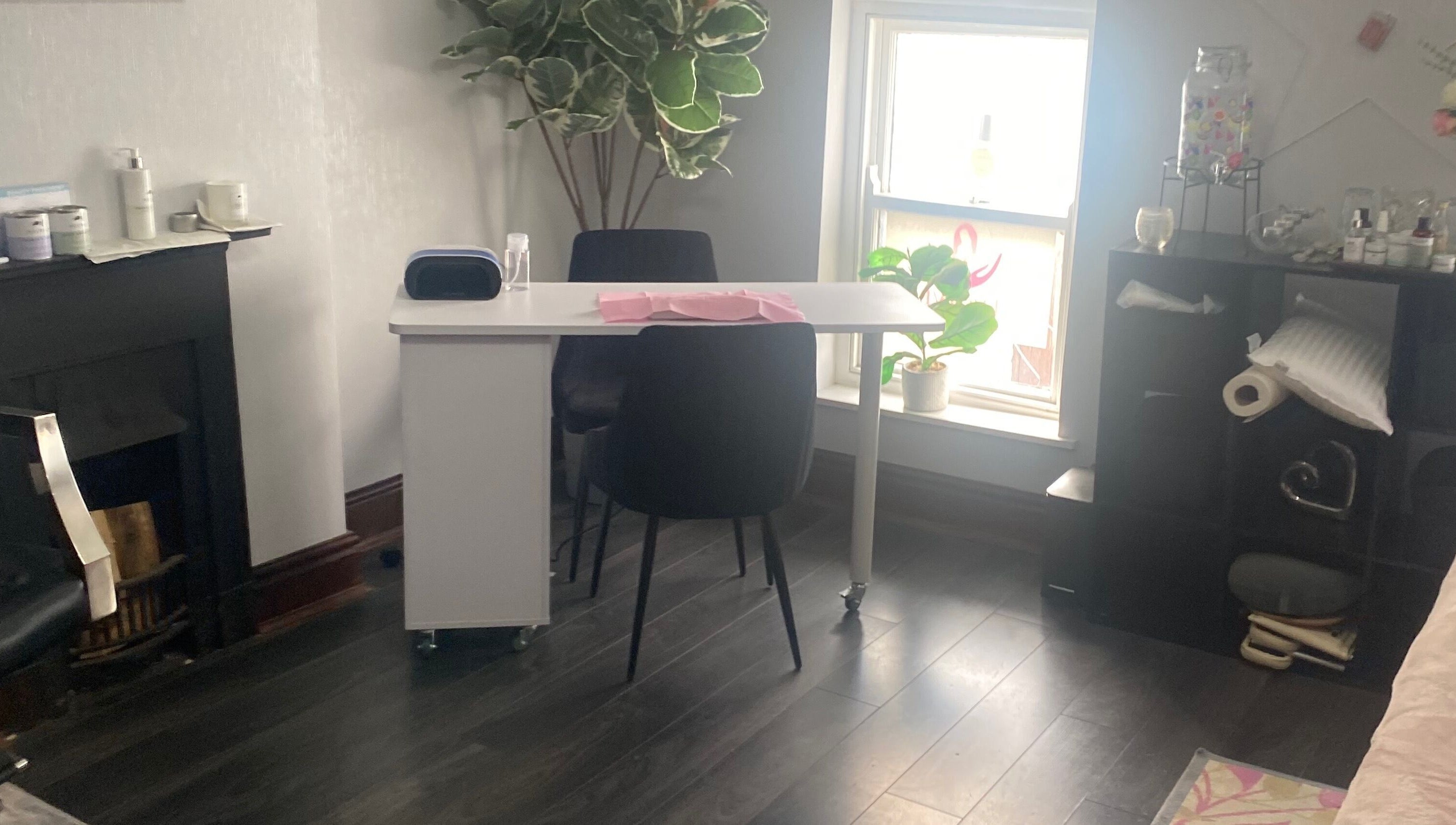 Chic nail desk setup at Ellas Luxe Nails in Kirk Michael, IM, featuring modern design and natural light.
