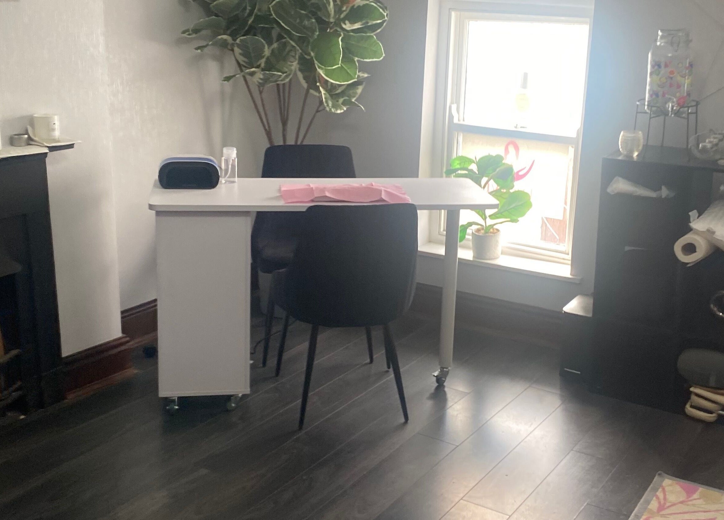 Chic nail desk setup at Ellas Luxe Nails in Kirk Michael, IM, featuring modern design and natural light.