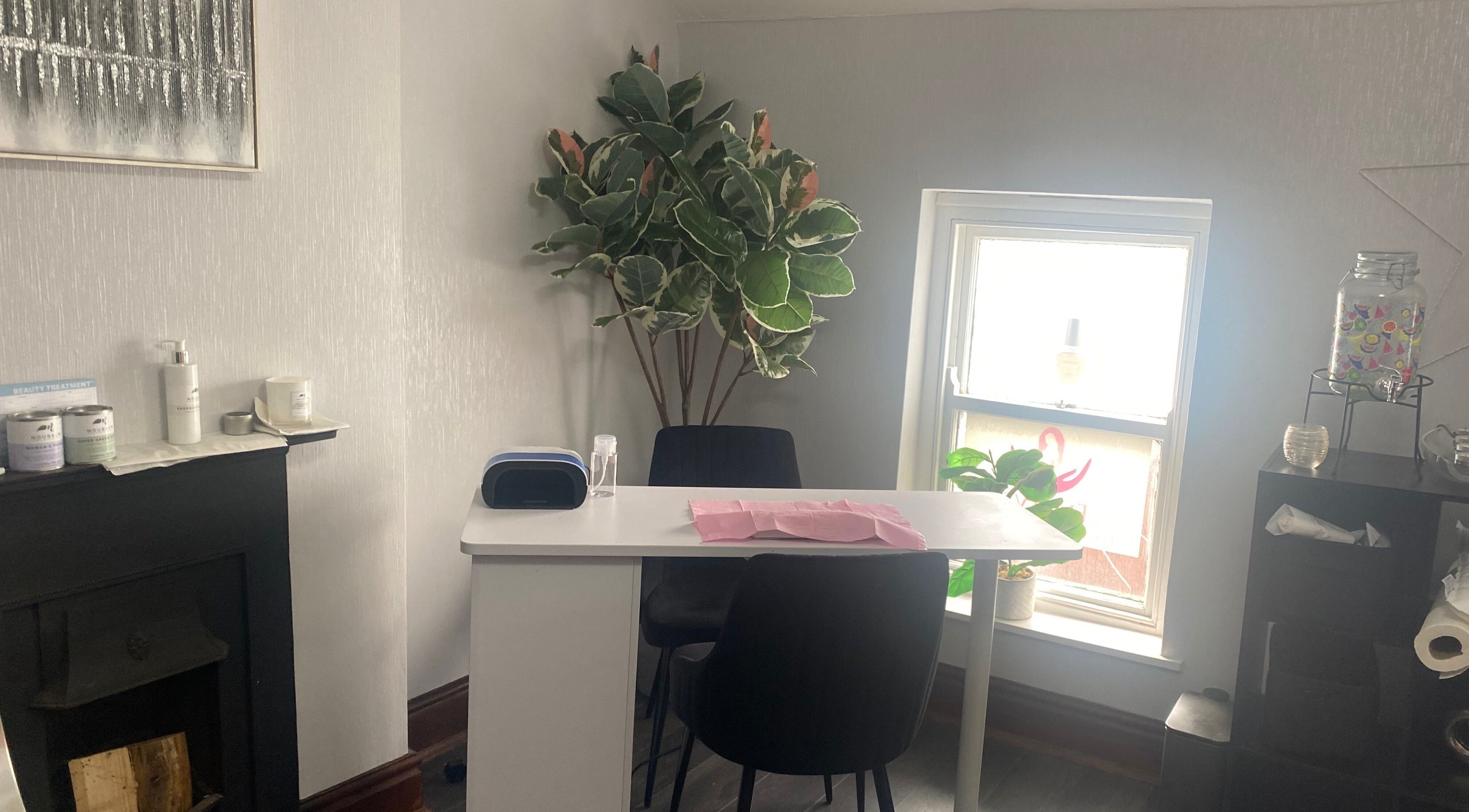 Chic nail station at Ellas Luxe Nails in Kirk Michael, IM, featuring stylish decor and serene ambiance.