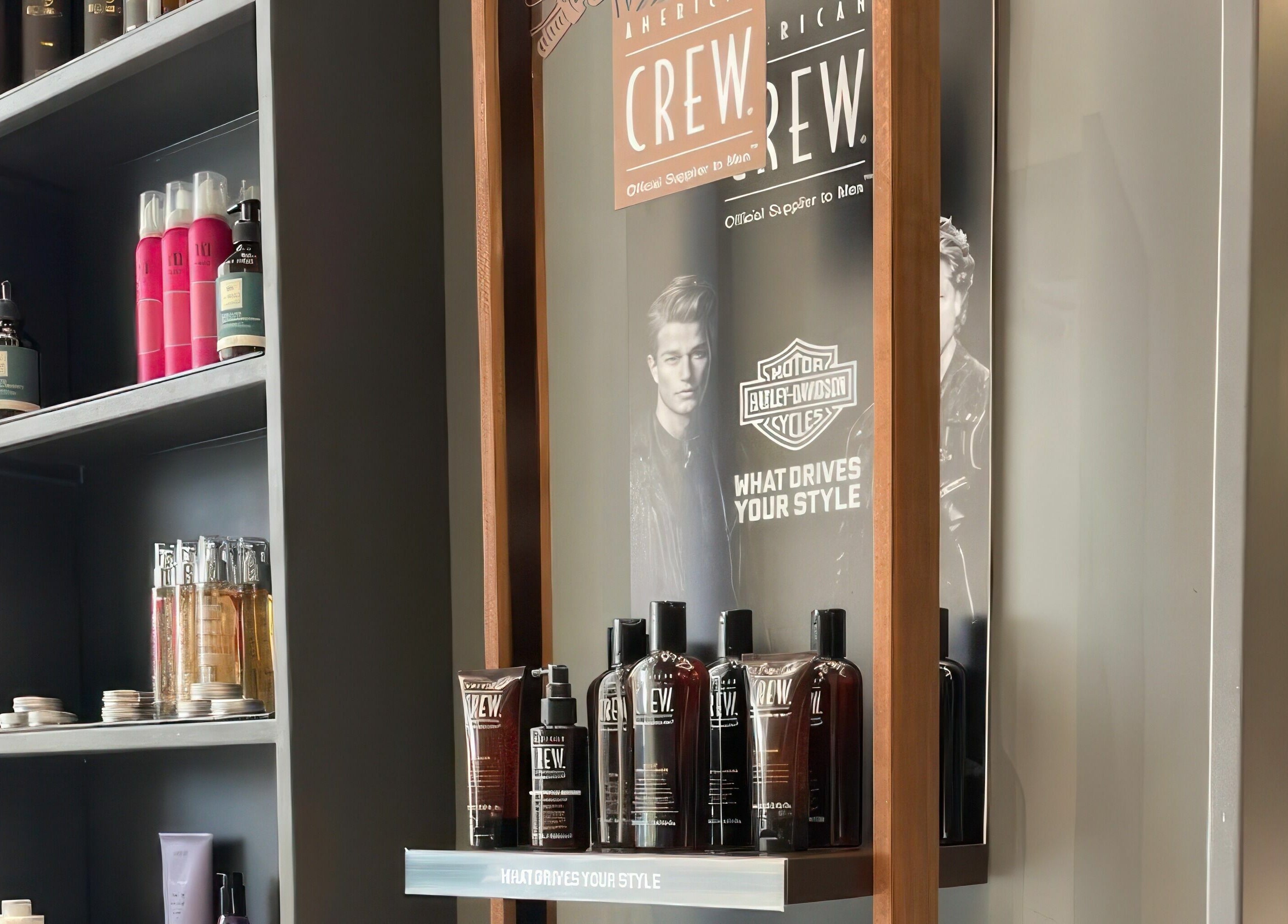 Product display at AlNarjis 30 Degrees Barbershop in Riyadh, Riyadh Province, SA with hair care items.