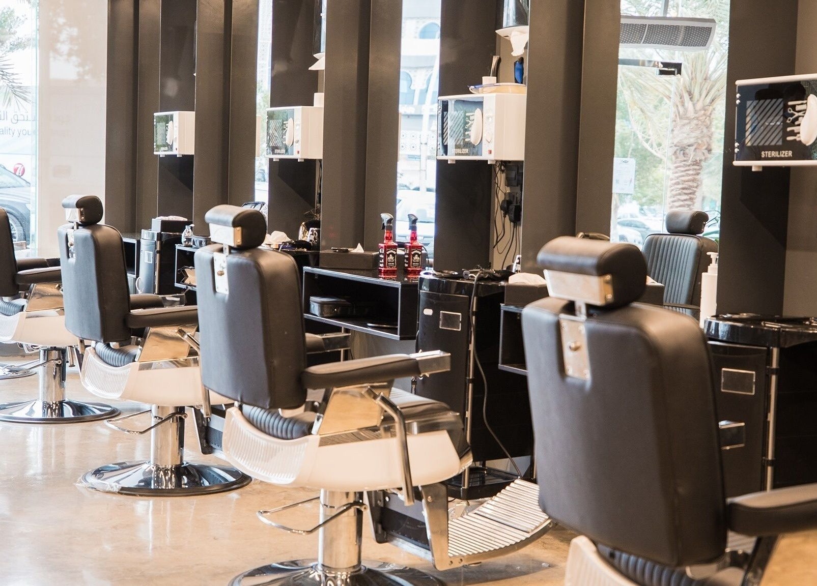 Modern barber chairs at Dhahran 30 Degrees Barbershop | AlQusur Branch, Dhahran, Eastern Province, SA.