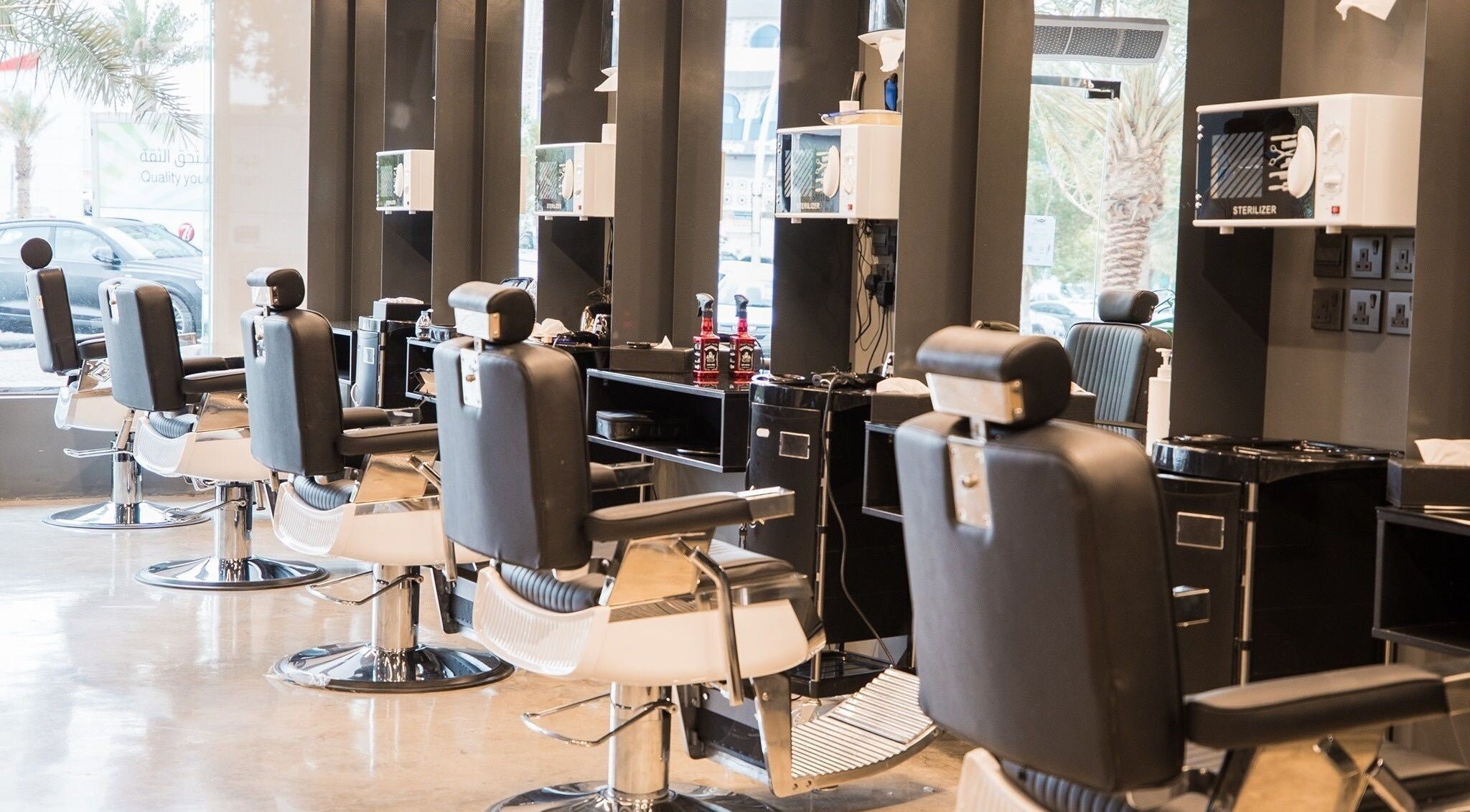 Modern barber chairs at Dhahran 30 Degrees Barbershop | AlQusur Branch, Dhahran, Eastern Province, SA.