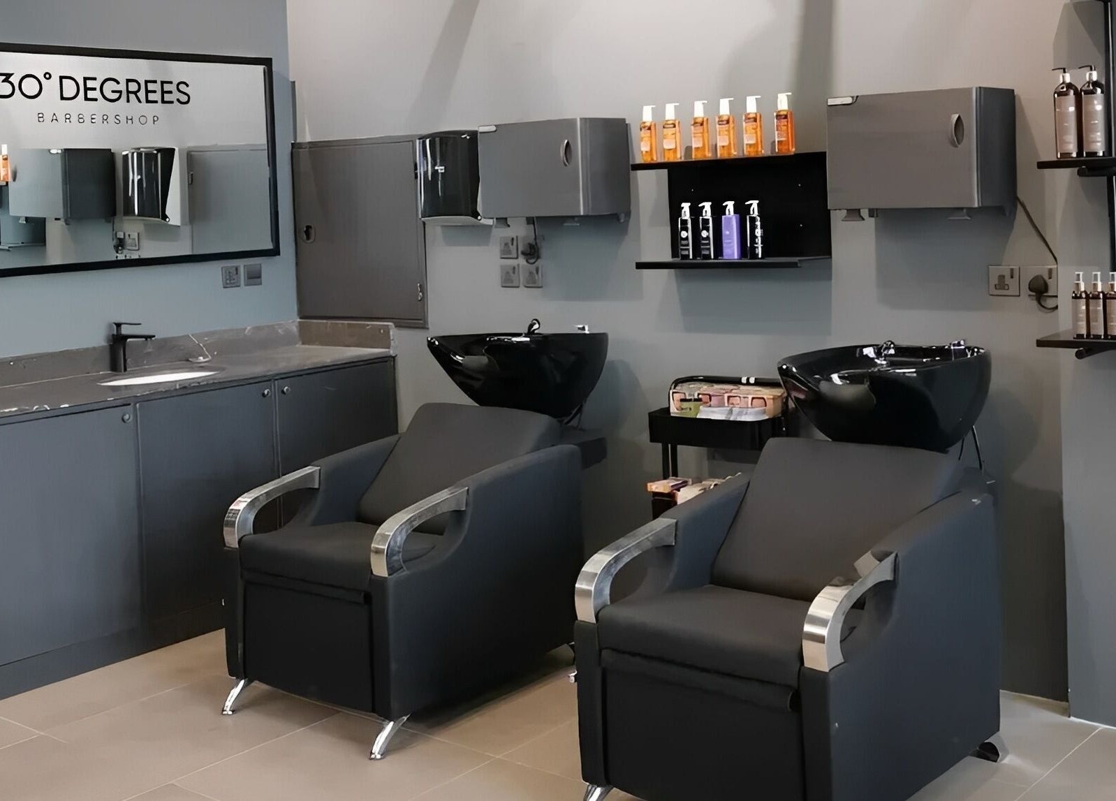 Modern salon interior at AlYasmin 30 Degrees, Riyadh, Saudi Arabia, SA, featuring stylish wash stations.