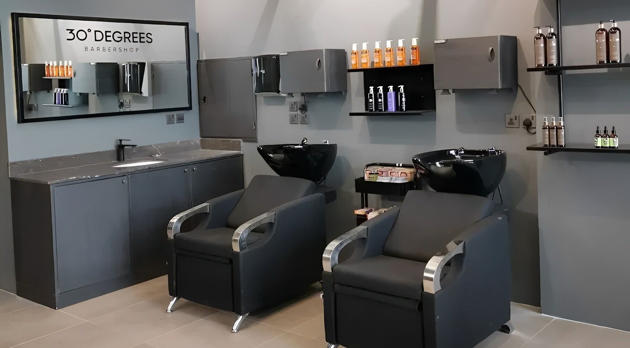 Modern salon interior at AlYasmin 30 Degrees, Riyadh, Saudi Arabia, SA, featuring stylish wash stations.