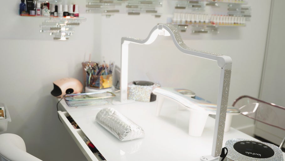 Modern nail station at Bronx Opal, New York, featuring stylish manicure tools.