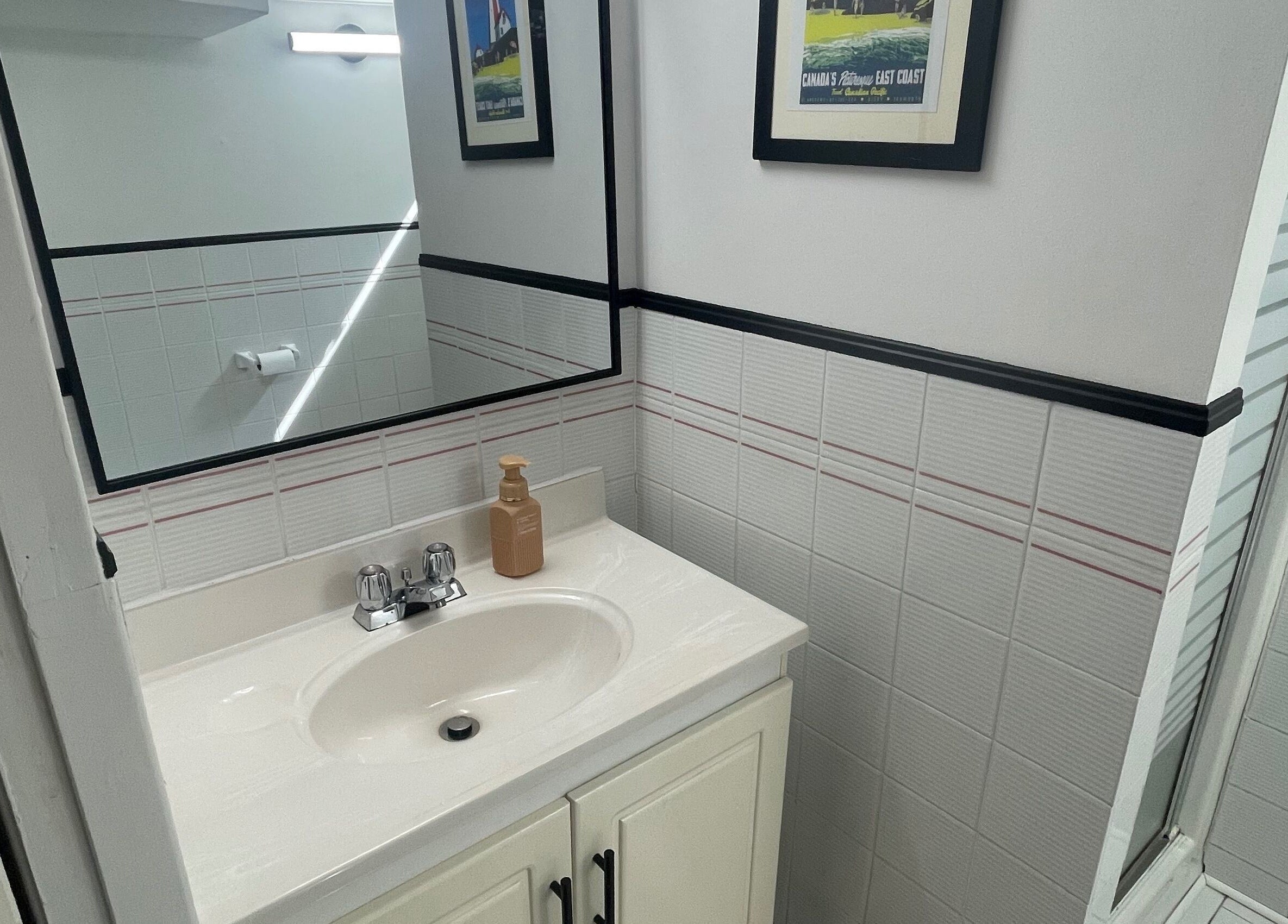 Modern bathroom at Sarah Vlasblom, Ottawa, Ontario, CA with white vanity and framed wall art.