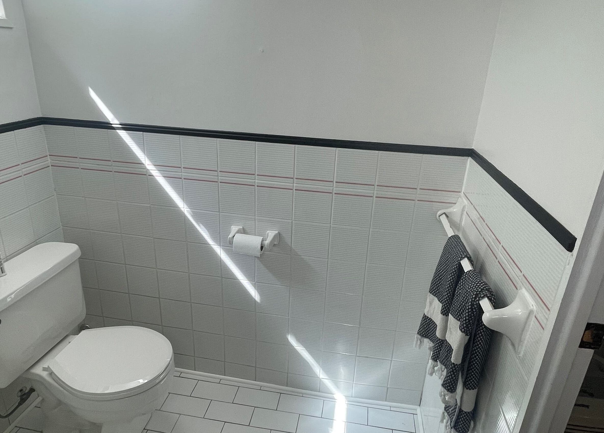 Bright bathroom at Sarah Vlasblom in Ottawa, Ontario, CA, featuring white tiles and elegant design.