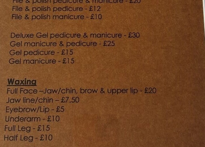 Bethesda Beauty price list for pedicures and waxing, Rawdon, England, GB.