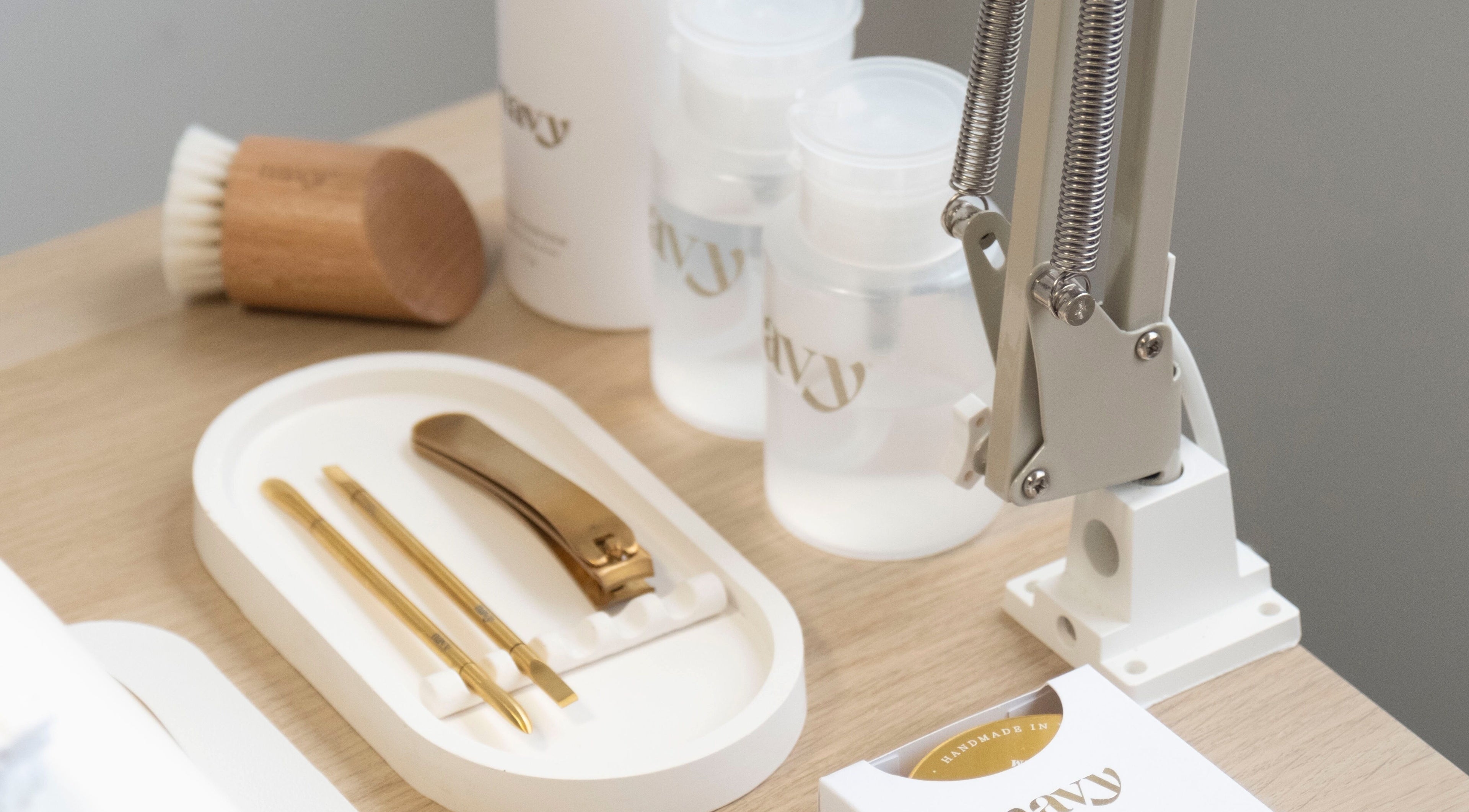 Nail care tools on display at Missy Minimalist, Sidmouth, England, GB. Modern and organized beauty setup.