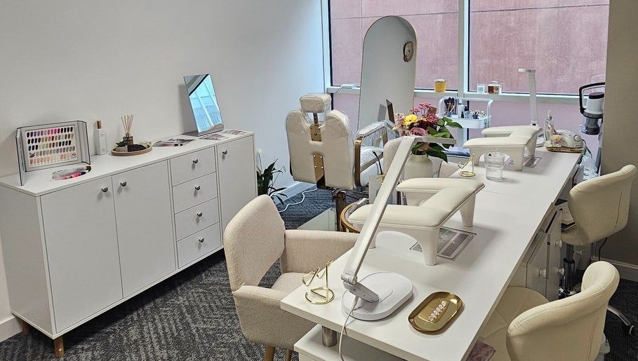 Chic manicure station and decor at RC BeautyLab, Manchester, England, GB, showcasing a stylish beauty setup.