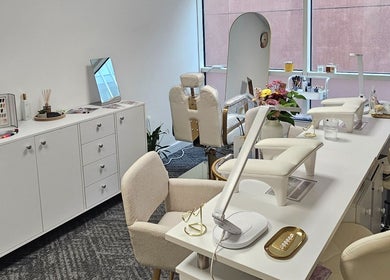 Chic manicure station and decor at RC BeautyLab, Manchester, England, GB, showcasing a stylish beauty setup.