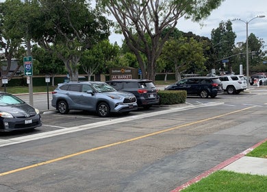 Parking lot near Silklash Nbrow in Costa Mesa, California, US with several cars and green trees.