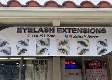 Eyelash extensions ad at Silklash Nbrow, Costa Mesa, California, showcasing eye-catching lash enhancements.