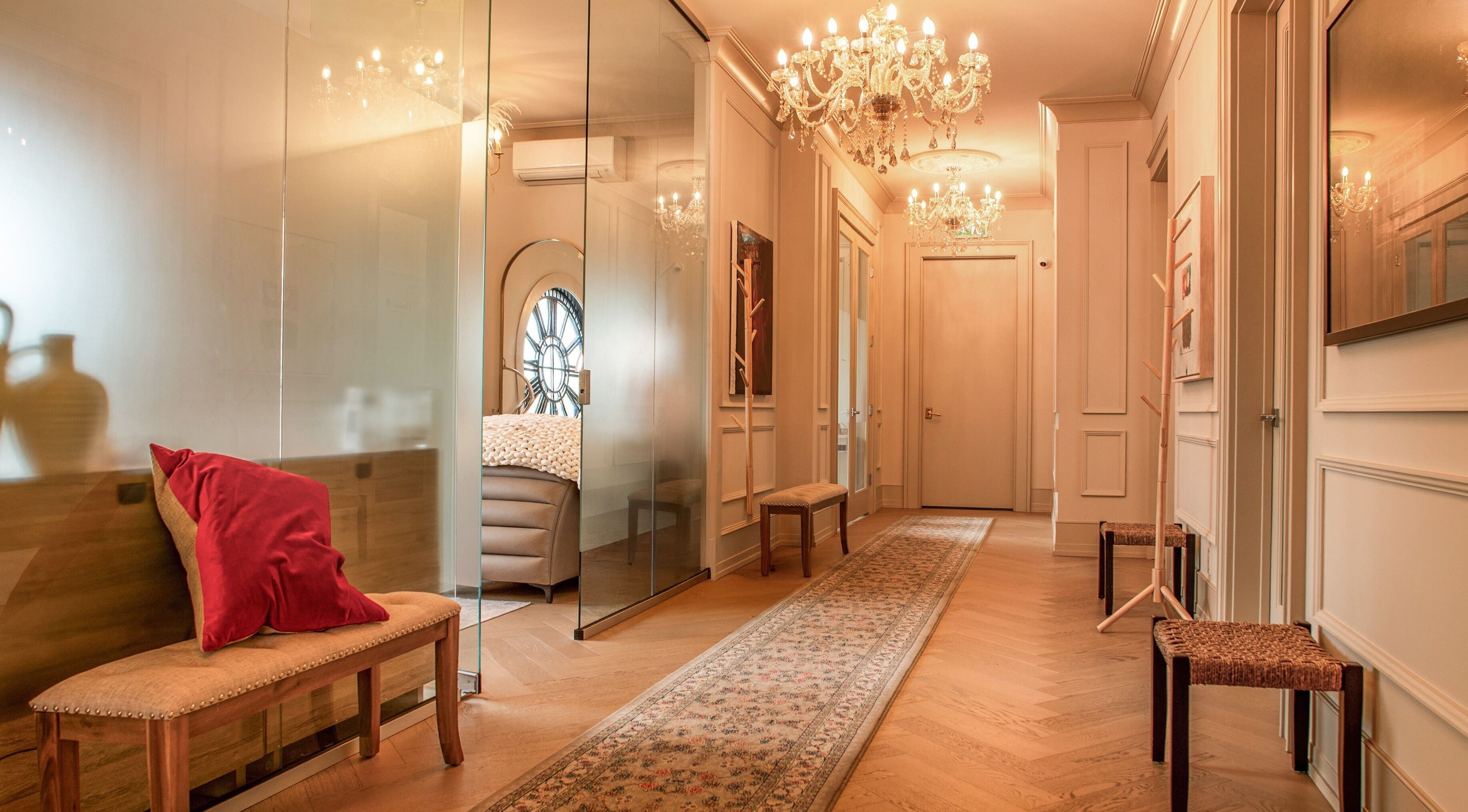 Elegant hallway with chandeliers at Confidents Teeth Whitening, Calgary, Alberta, CA.
