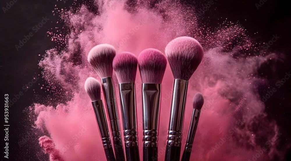 Makeup brushes with pink powder at New Glam By CCI, Strovolos, Nicosia, CY.