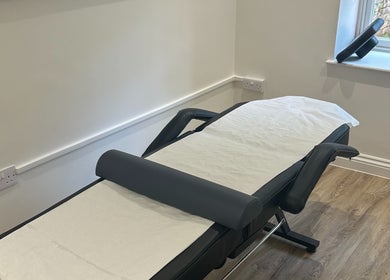 Therapy room with massage table at J Burgess Sports Therapy, Merthyr Tydfil, Wales, GB.